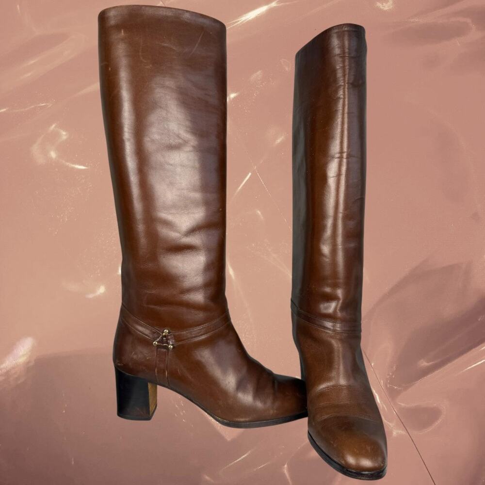 Vintage Y2K old money Italian leather knee-high boots brown block heel